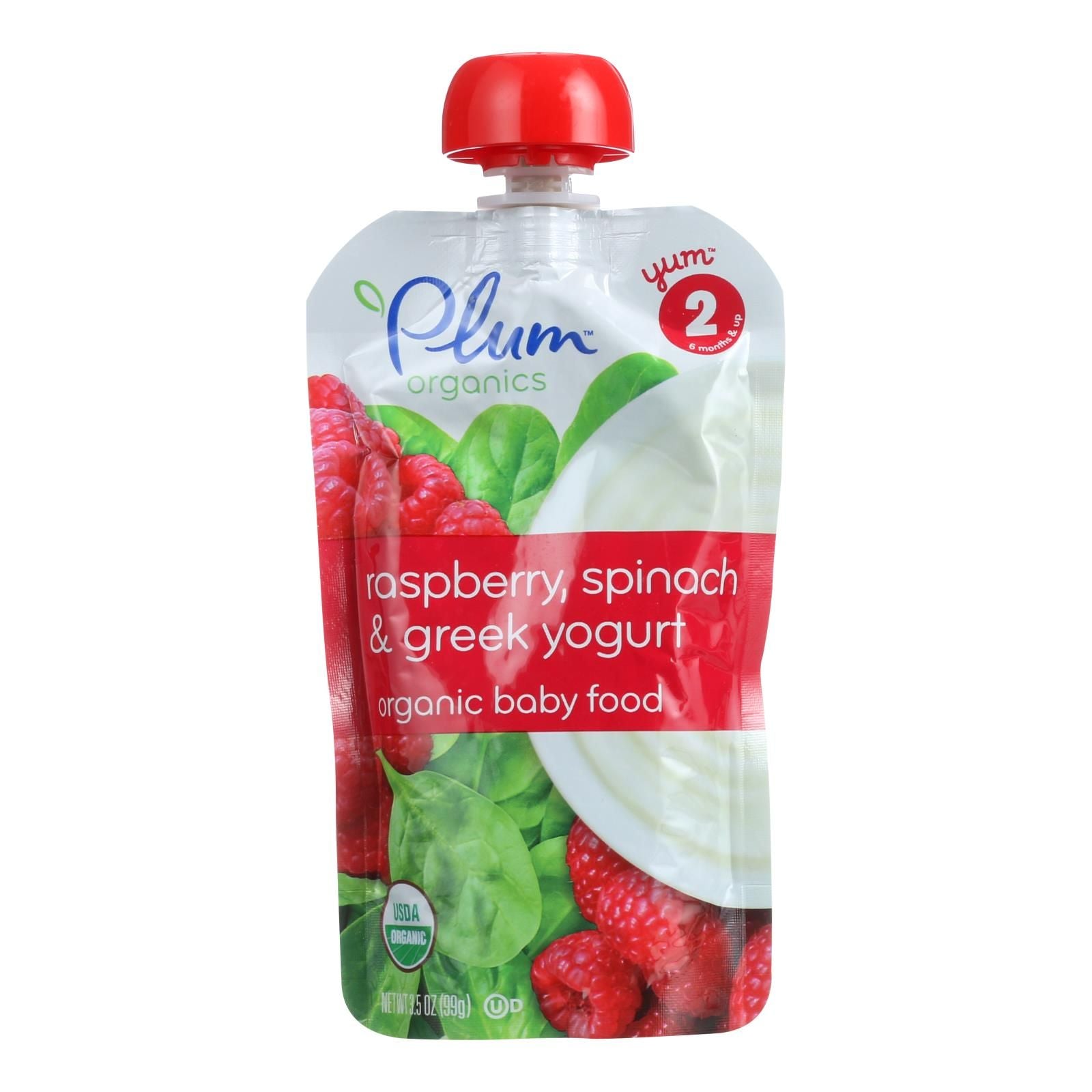 Plum Organics Baby Food - Organic - Raspberry Spinach And Greek Yogurt - Stage 2 - 6 Months And Up - 3.5 .oz - Case Of 6