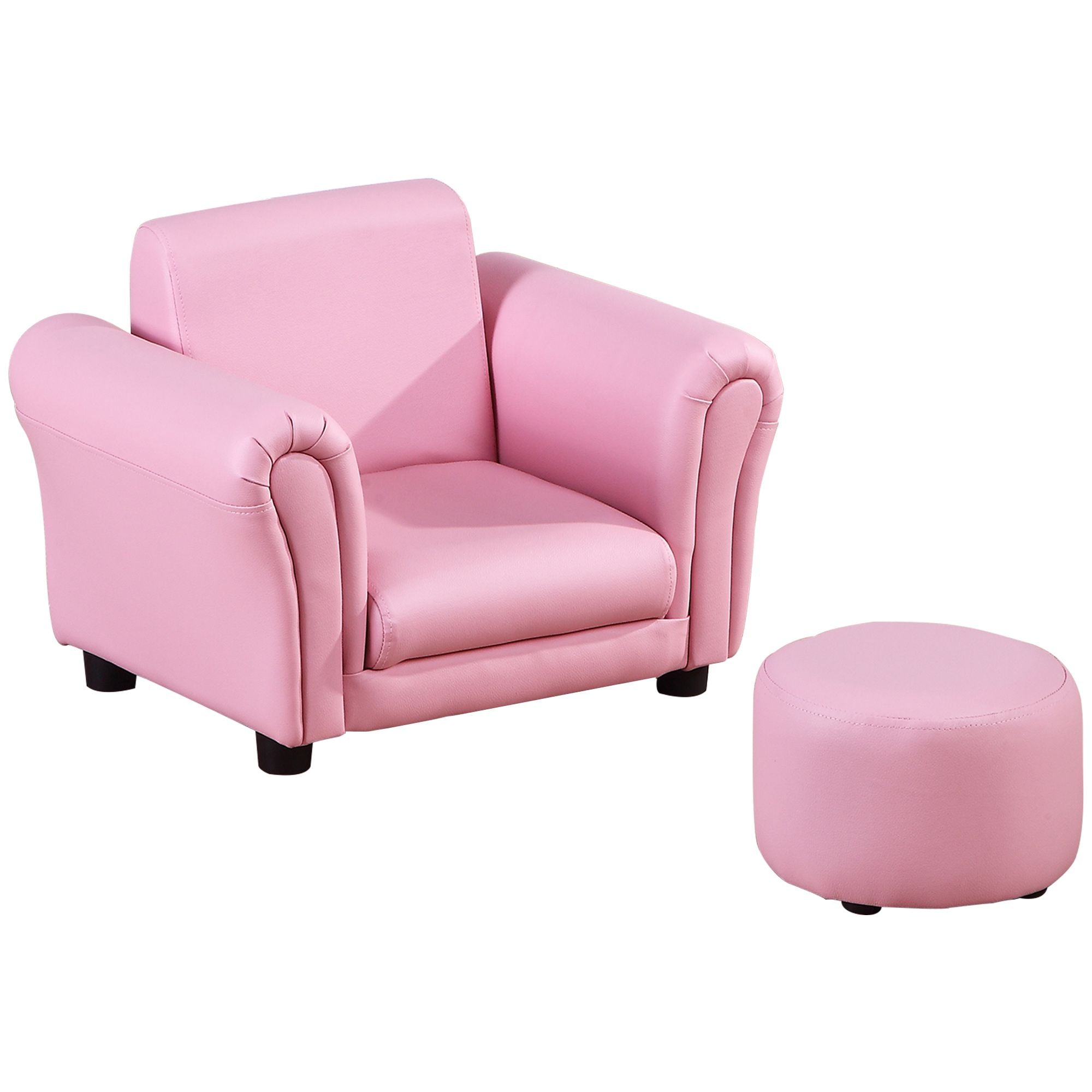 Qaba Pink Childrens Sofa Set with Footstool Soft Upholstered Armchair for Kids 18M+ Ideal for Playroom and Bedroom