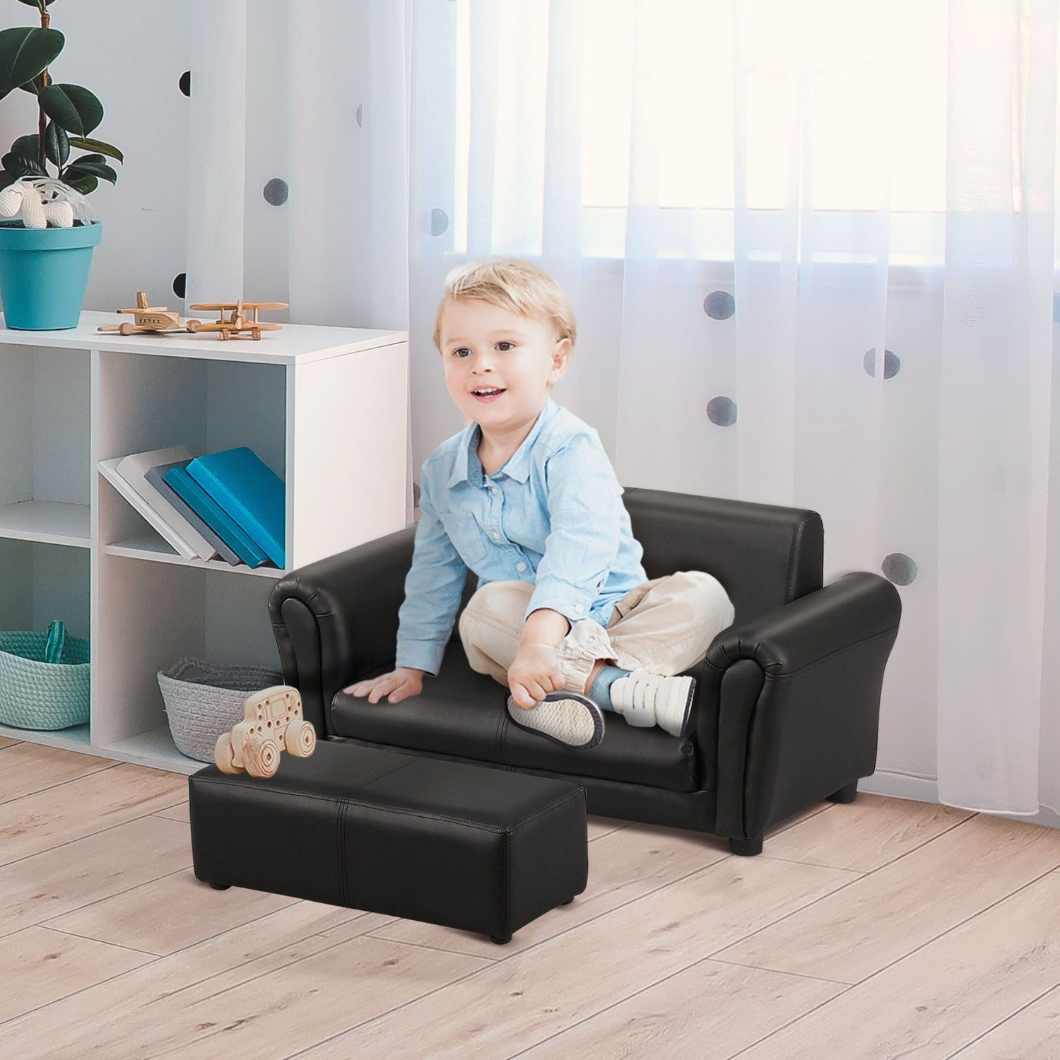 Qaba Toddler Sofa Set with Footstool Black Plush Kids Couch and Chair for Playroom Bedroom