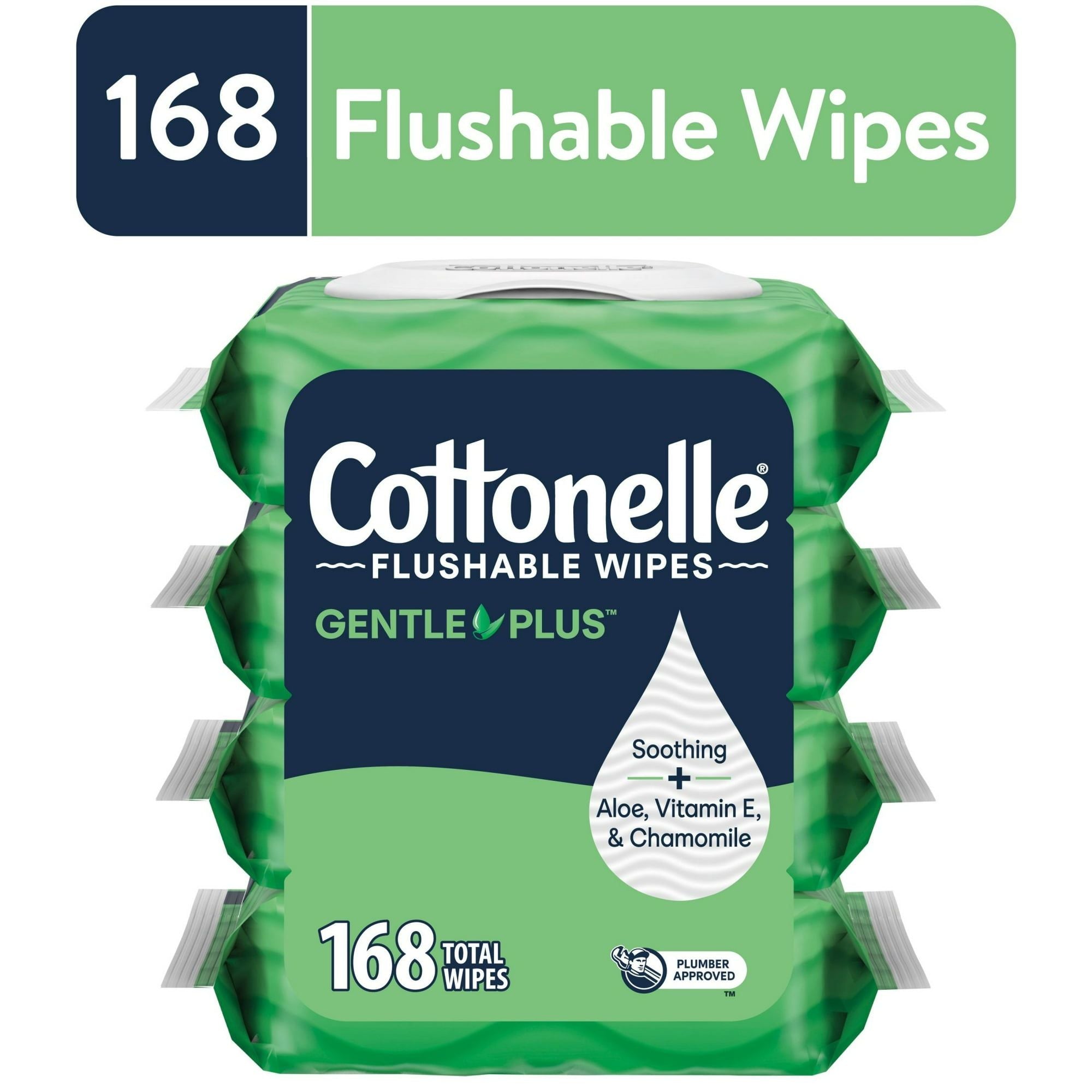 Flushable Wet Wipes with Aloe & Vitamin E, Hypoallergenic, 168 Count (4 Flip-Top Packs)