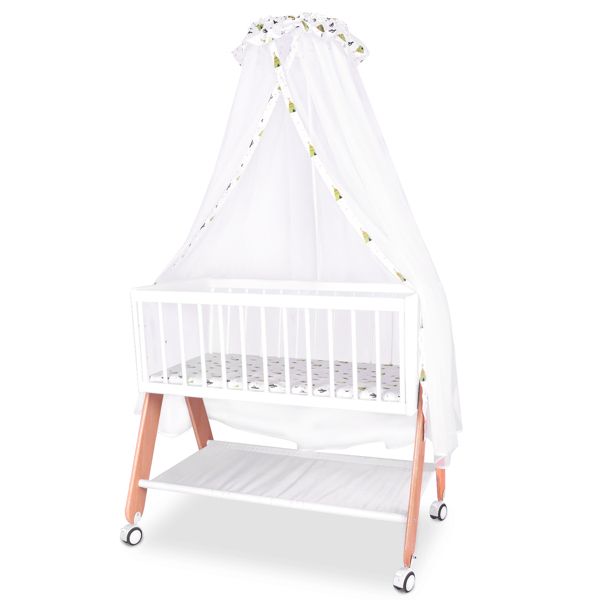 Wooden Bedside Bassinet Sleeper Safe & Stylish Baby Crib Bassinet with Locking Wheels Mosquito Net Large Storage Basket Mattress Pad Included Bassinet for Newborn and Infants