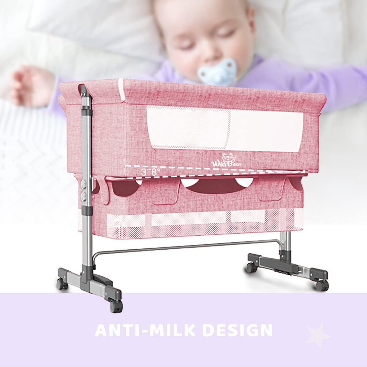 Baby Bassinet Bedside Sleeper 3 in 1 Bedside Crib, Adjustable Portable Bed for Infant/Baby/Newborn,with Mosquito Nets, Large Storage Bag, Comfortable Mattresses, Lockable Wheels