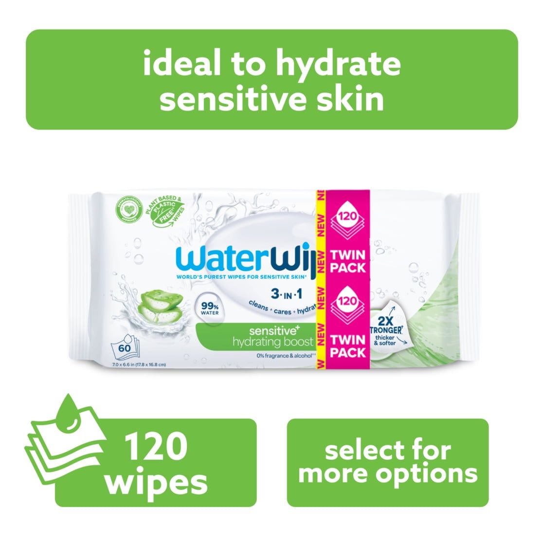 Sensitive+ Hydrating Baby Wipes – 99% Purified Water, Unscented, Hypoallergenic, 2x Thicker, 120 Count