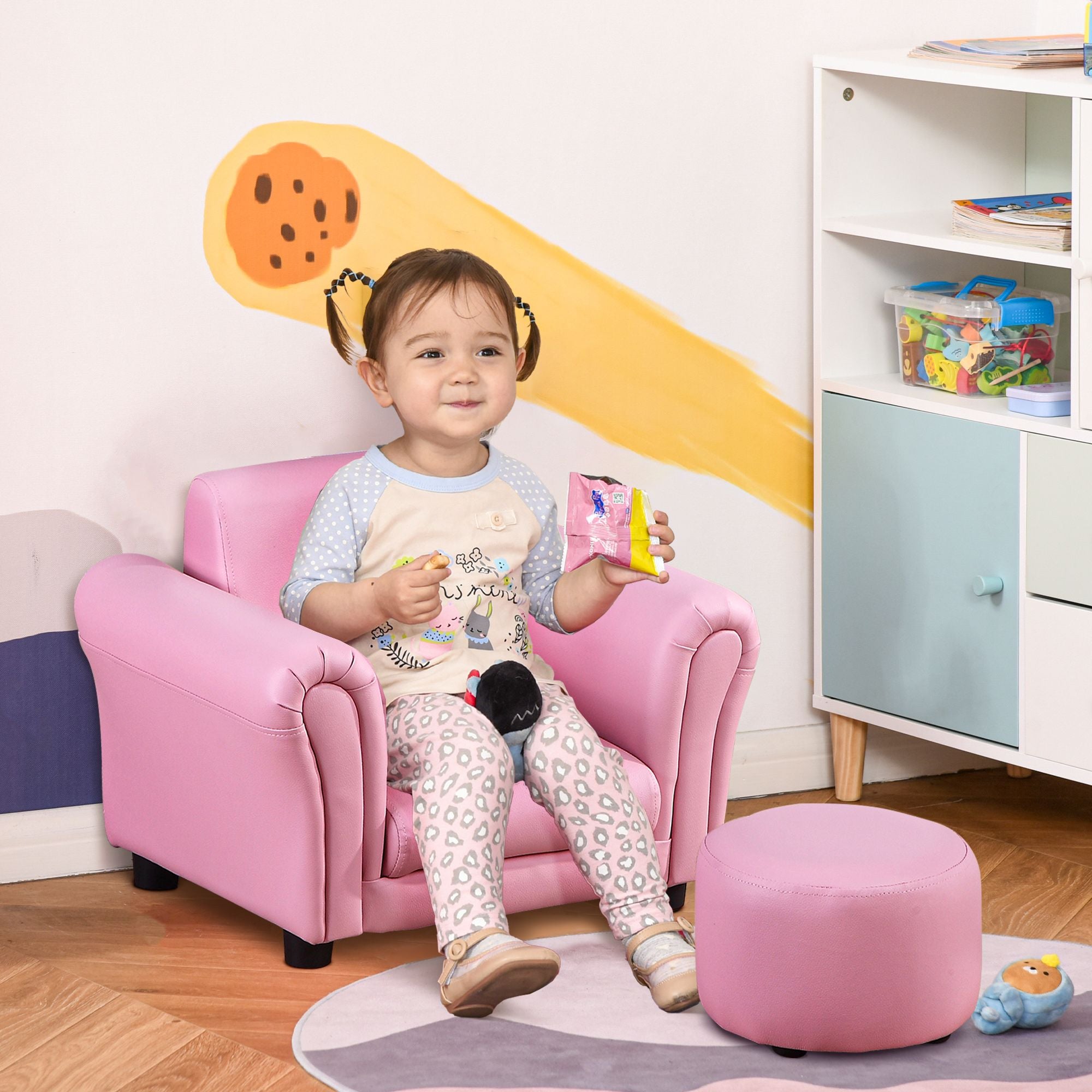 Qaba Pink Childrens Sofa Set with Footstool Soft Upholstered Armchair for Kids 18M+ Ideal for Playroom and Bedroom