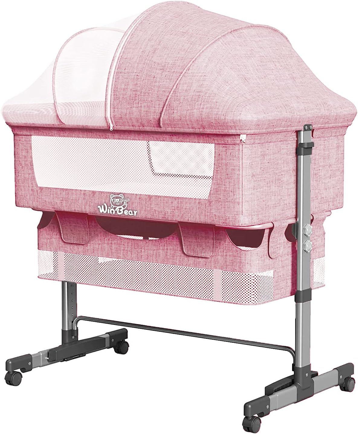 Baby Bassinet Bedside Sleeper 3 in 1 Bedside Crib, Adjustable Portable Bed for Infant/Baby/Newborn,with Mosquito Nets, Large Storage Bag, Comfortable Mattresses, Lockable Wheels